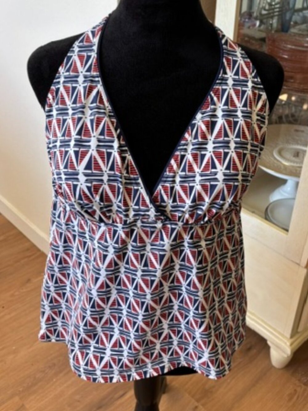 Lands End Nautical Red White Blue Sailboat Print Halter Tankini Top EUC 14